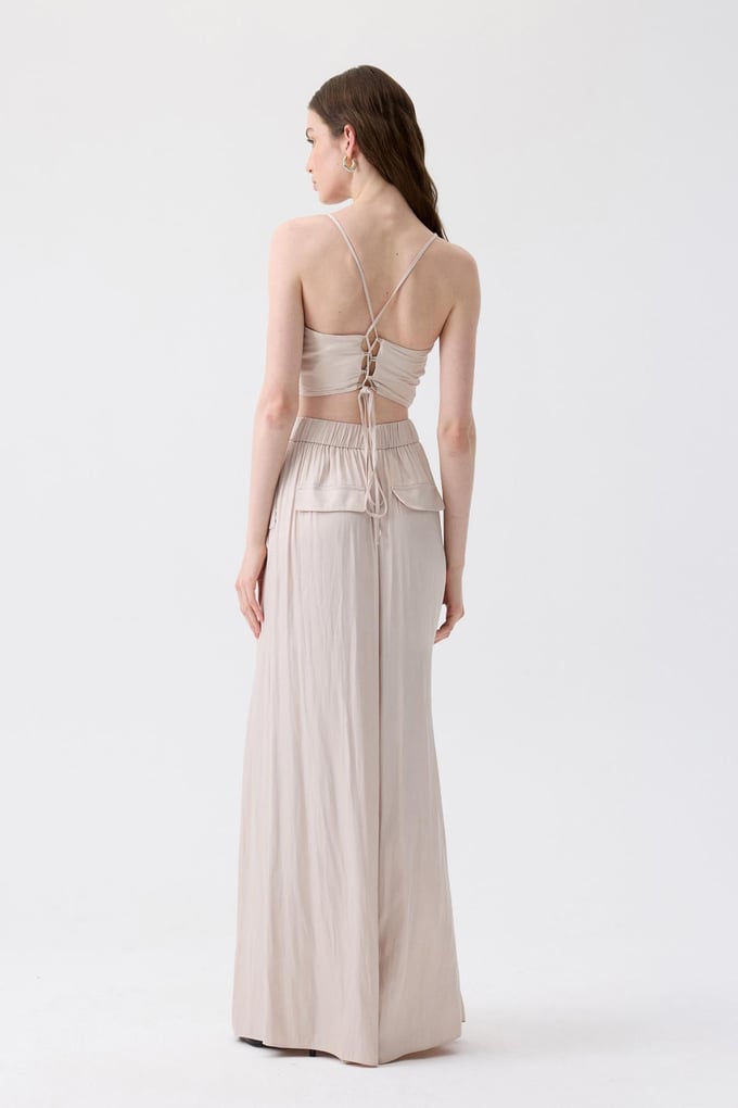 Wide Leg Pleated Detail Ecru Pants