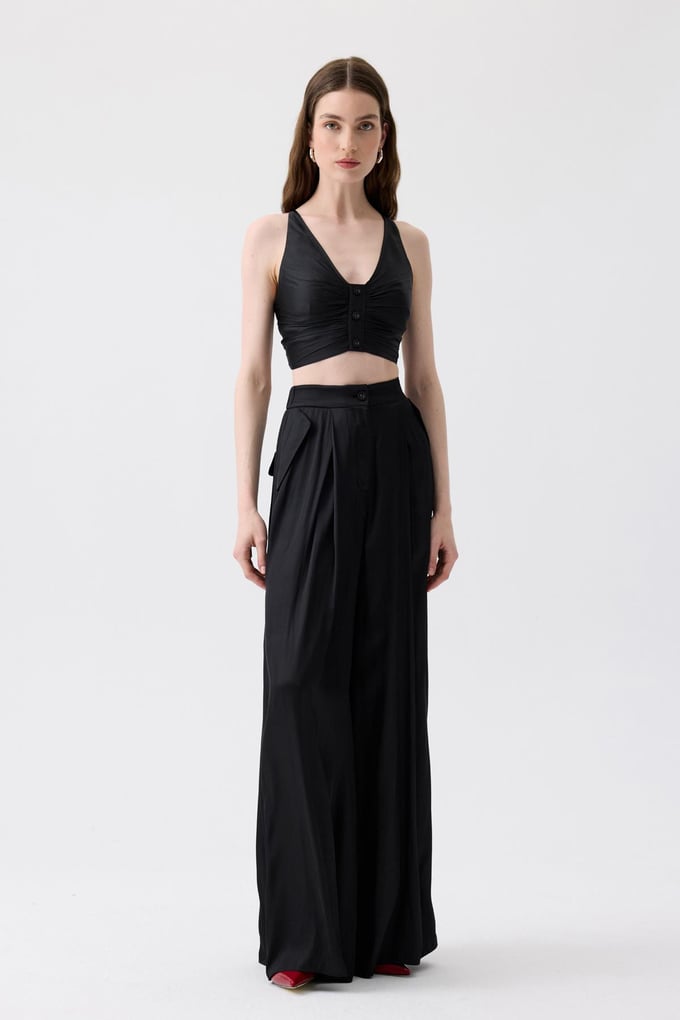 Wide Leg Pleated Detail Black Pants