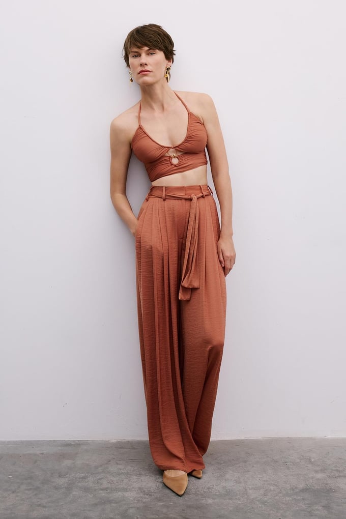 Pleated Wide-Leg Cinnamon Trousers