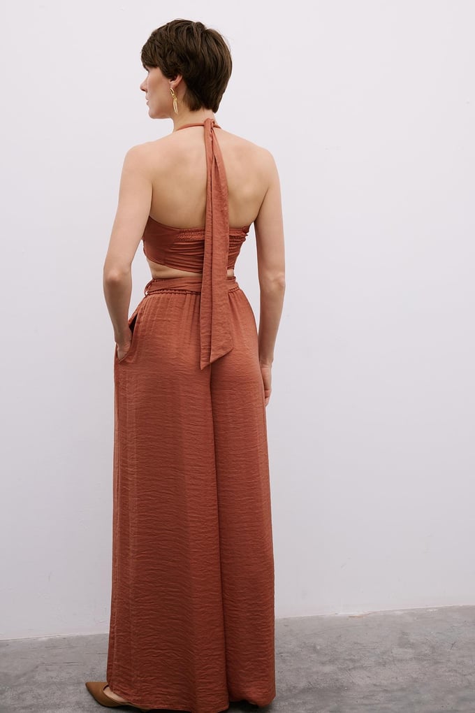 Pleated Wide-Leg Cinnamon Trousers