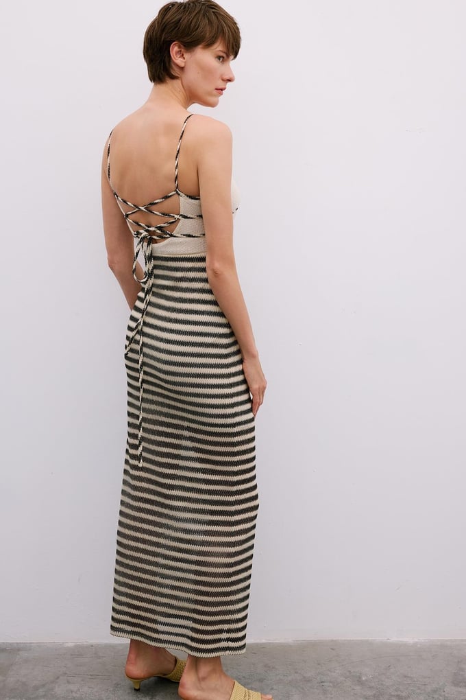 Beaded Detail Midi Beige Dress