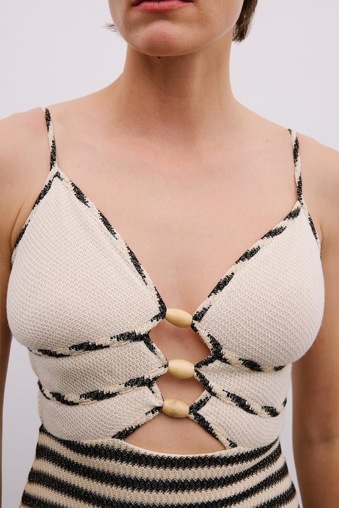 Beaded Detail Midi Beige Dress