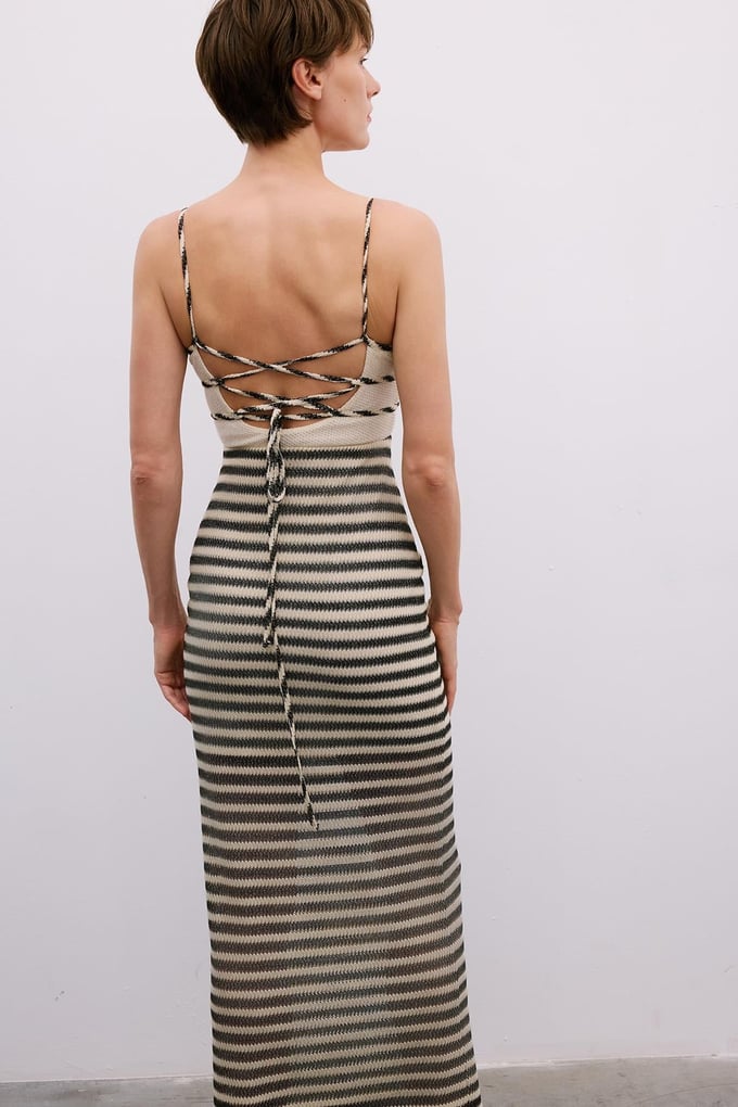 Beaded Detail Midi Beige Dress