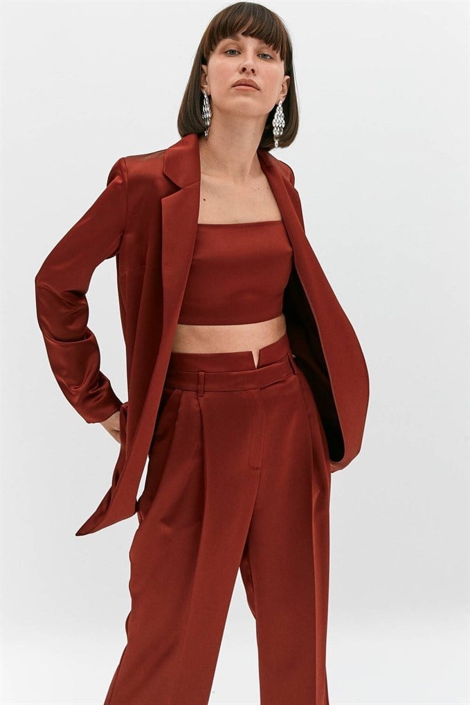Bordo Saten Blazer Ceket
