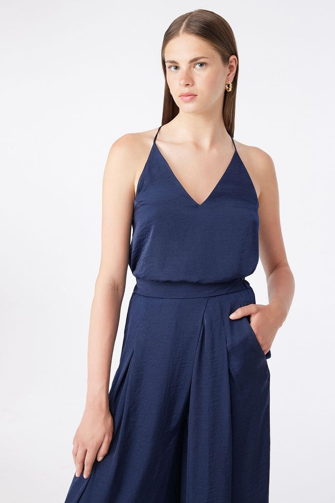 Halter Neck Thin Strapped Navy Blouse