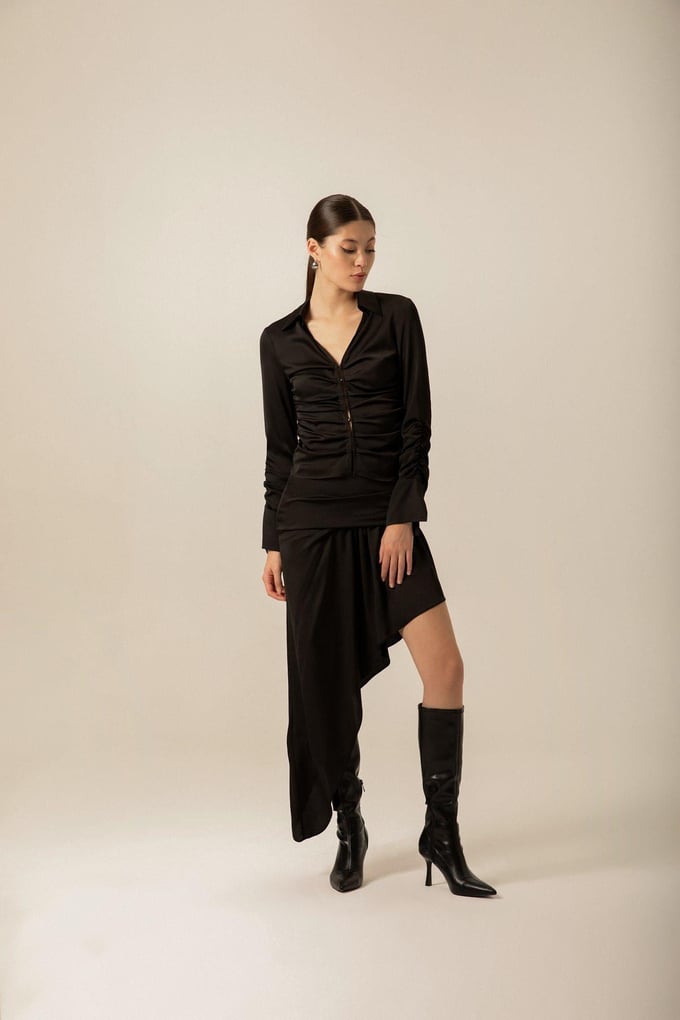 Ruched Asymmetrical Navy Skirt