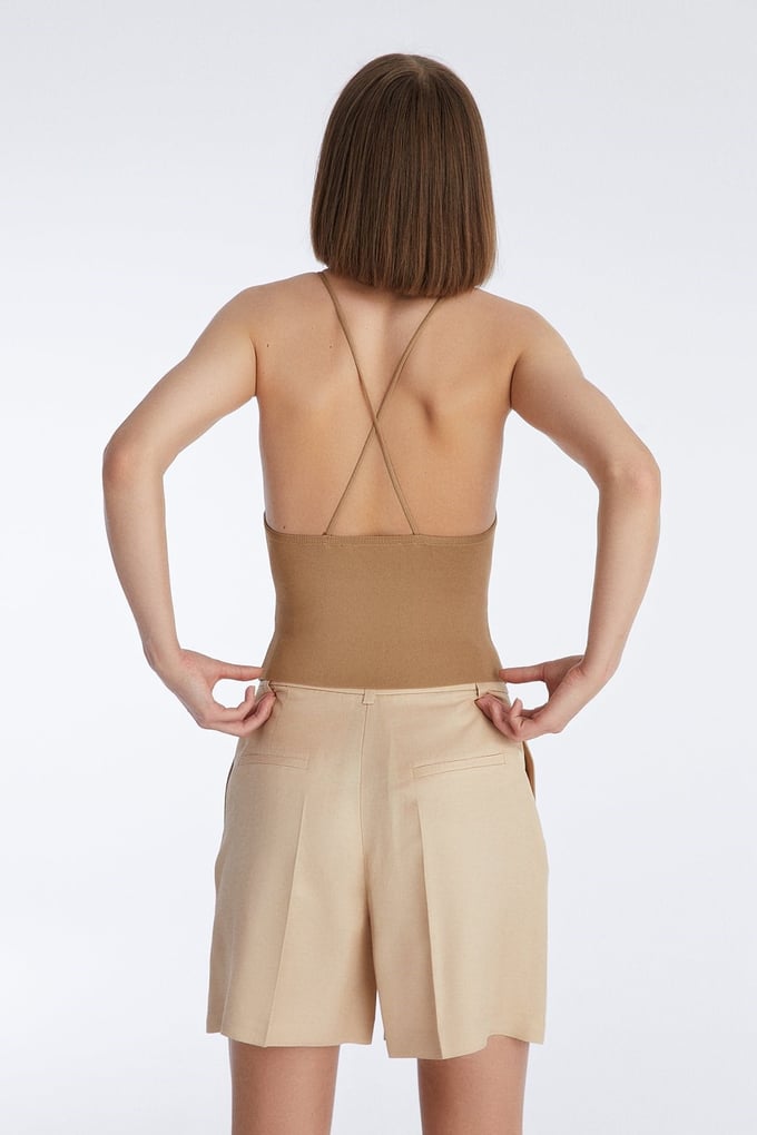 Camel Askılı Triko Crop Top