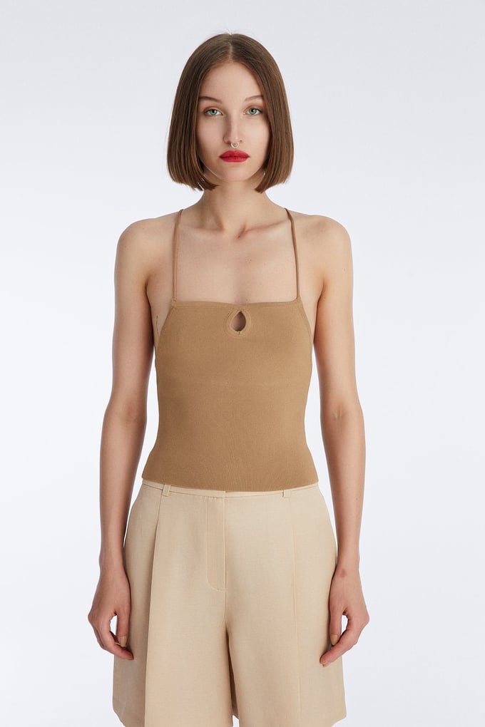 Camel Askılı Triko Crop Top