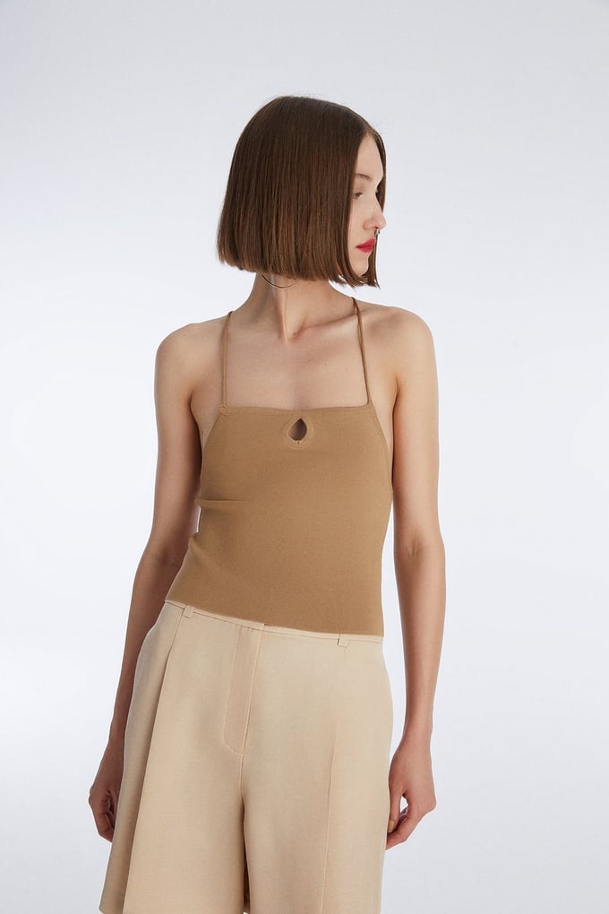 Camel Askılı Triko Crop Top