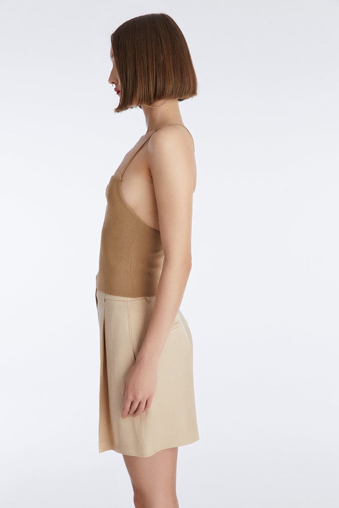 Camel Askılı Triko Crop Top