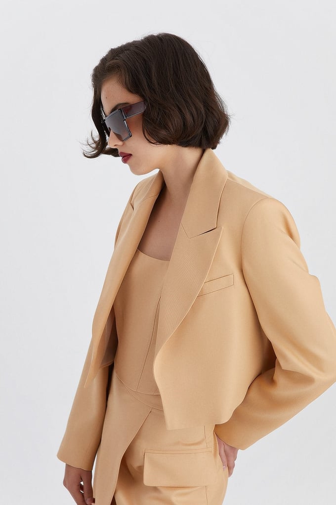 Camel Crop Blazer Ceket