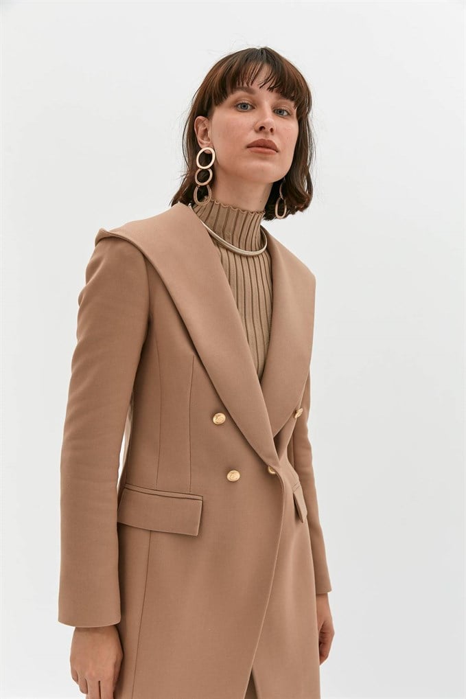 Camel Kapüşonlu Uzun Blazer Ceket