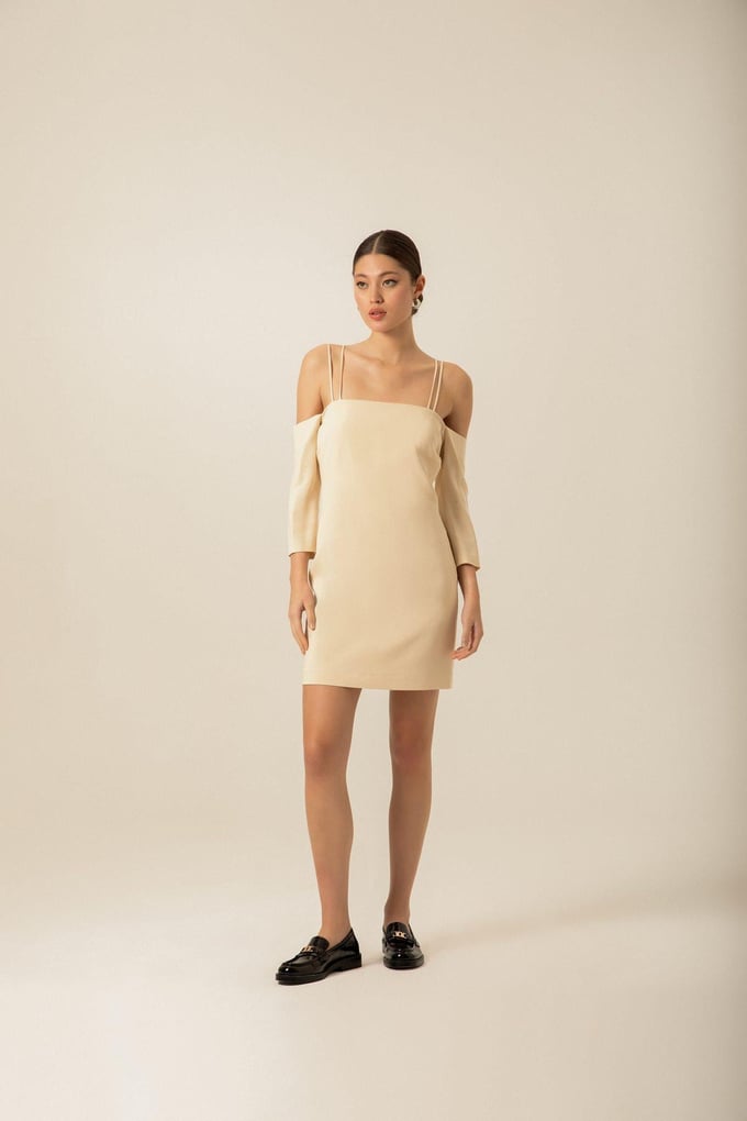 Cross-Strap Detail Crepe Ecru Mini Dress