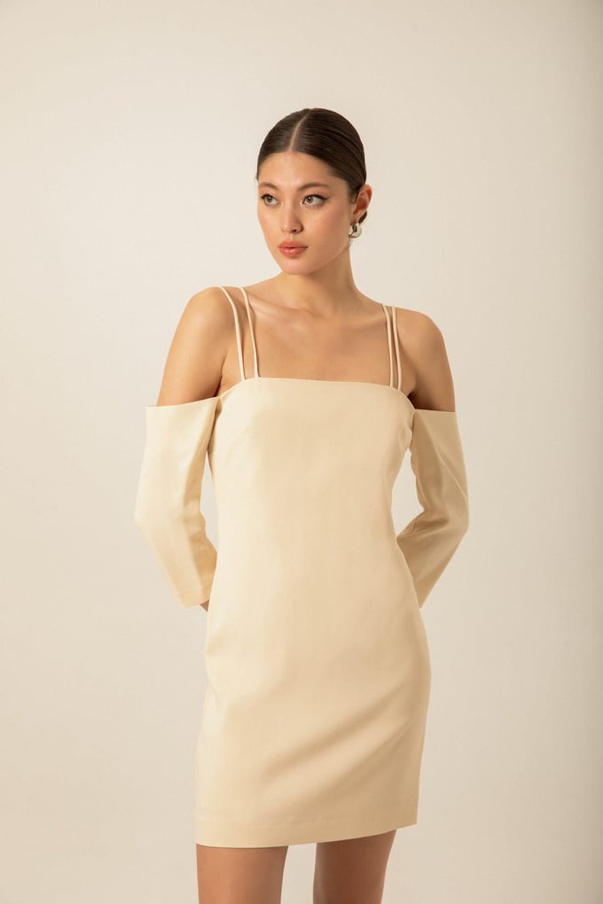 Cross-Strap Detail Crepe Ecru Mini Dress
