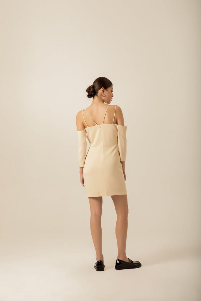 Cross-Strap Detail Crepe Ecru Mini Dress
