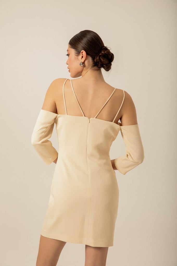 Cross-Strap Detail Crepe Ecru Mini Dress