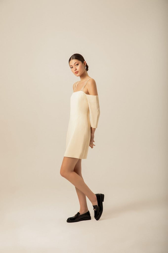 Cross-Strap Detail Crepe Ecru Mini Dress