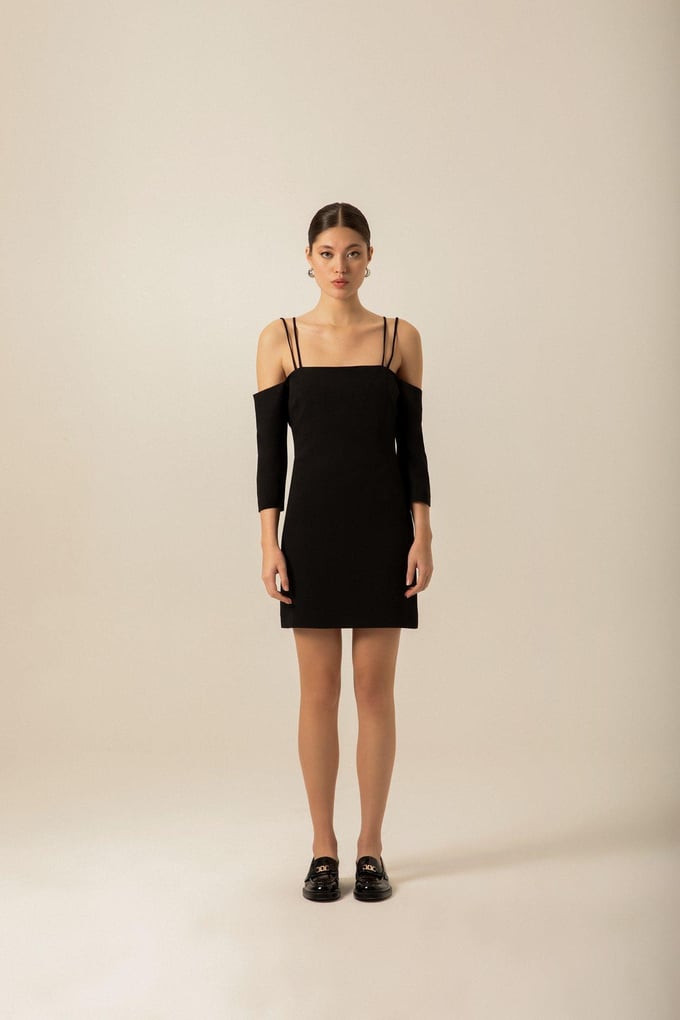 Cross-Strap Detail Crepe Ecru Mini Dress