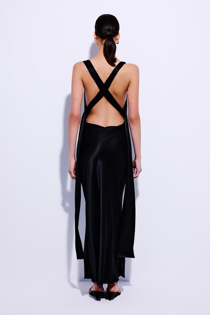 Cross Back Detailed Black Midi Dress  