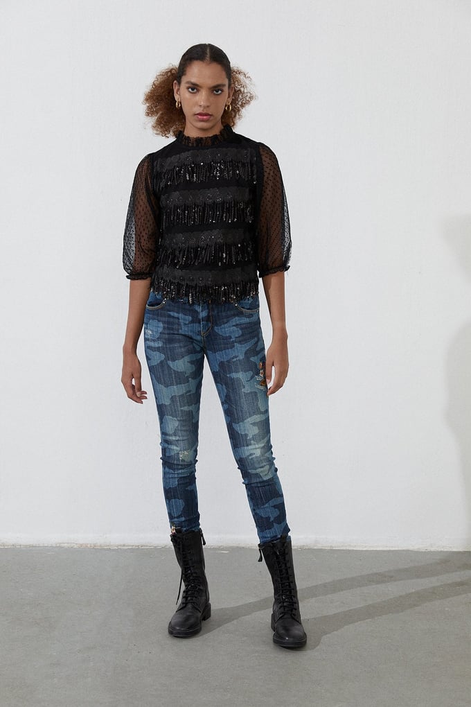 Kamuflaj Desenli Floral Nakışlı Skinny Jean
