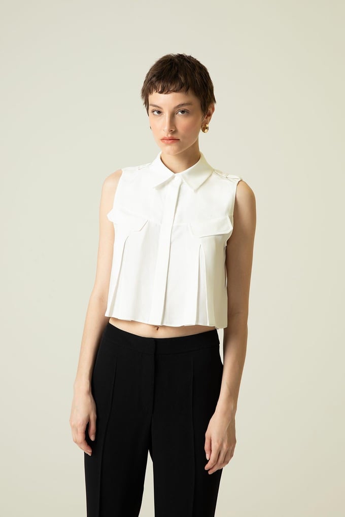 Pocket Flap Detail Ecru Crop Shirt