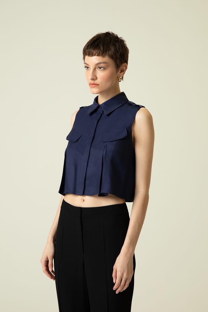 Pocket Flap Detail Navy Crop Shirt
