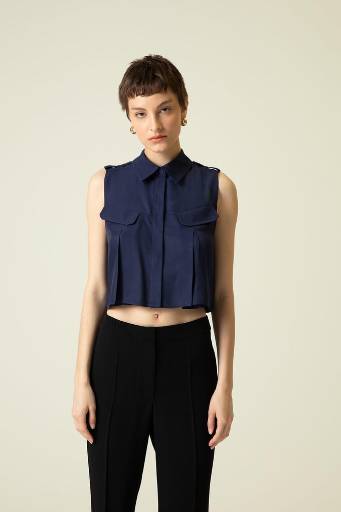 Pocket Flap Detail Navy Crop Shirt
