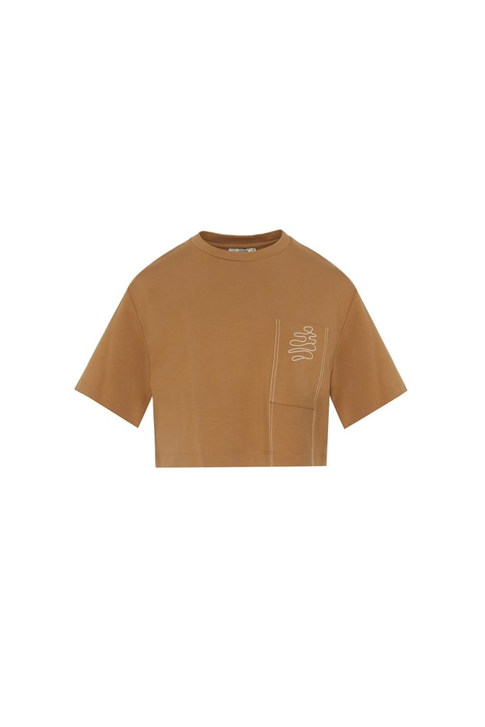 Cep Nakış Detaylı Camel T-shirt