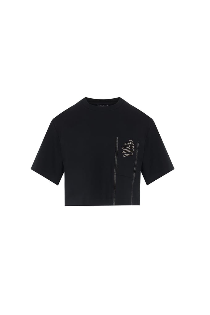 Cep Nakış Detaylı Siyah T-shirt