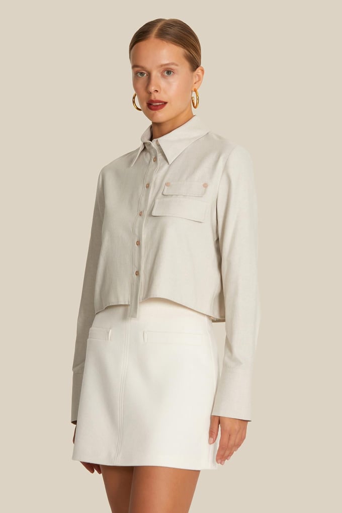 Double Pocket Flap Detailed Beige Oxford Shirt