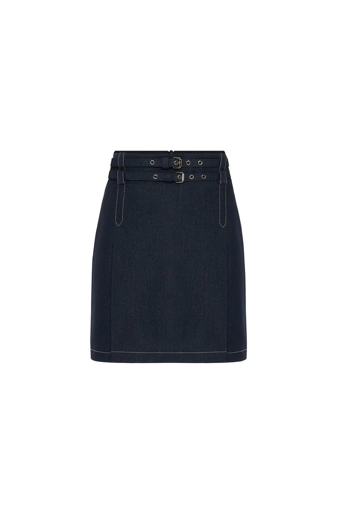 Çift Kemerli Pileli Denim Lacivert Mini Etek