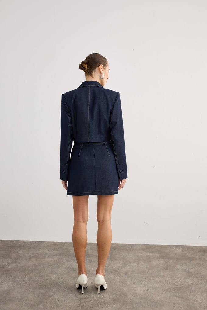 Çift Kemerli Pileli Denim Lacivert Mini Etek