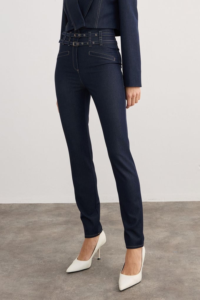 Çift Kemerli Yüksek Bel Lacivert Denim Pantolon