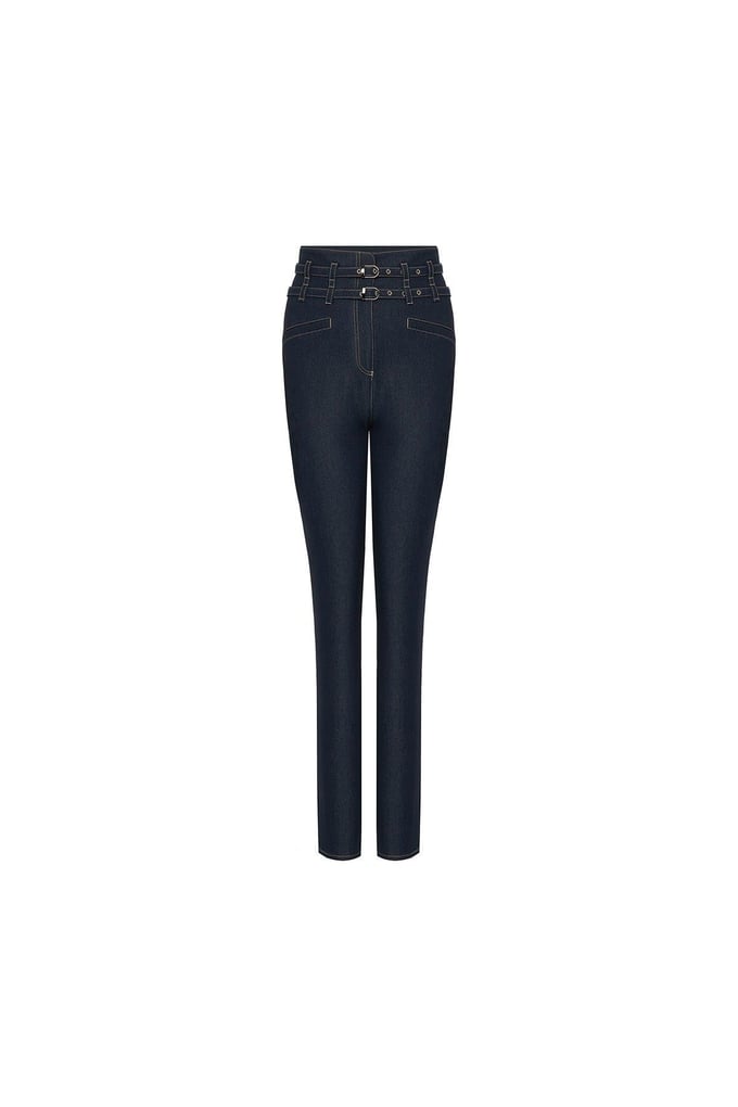Çift Kemerli Yüksek Bel Lacivert Denim Pantolon