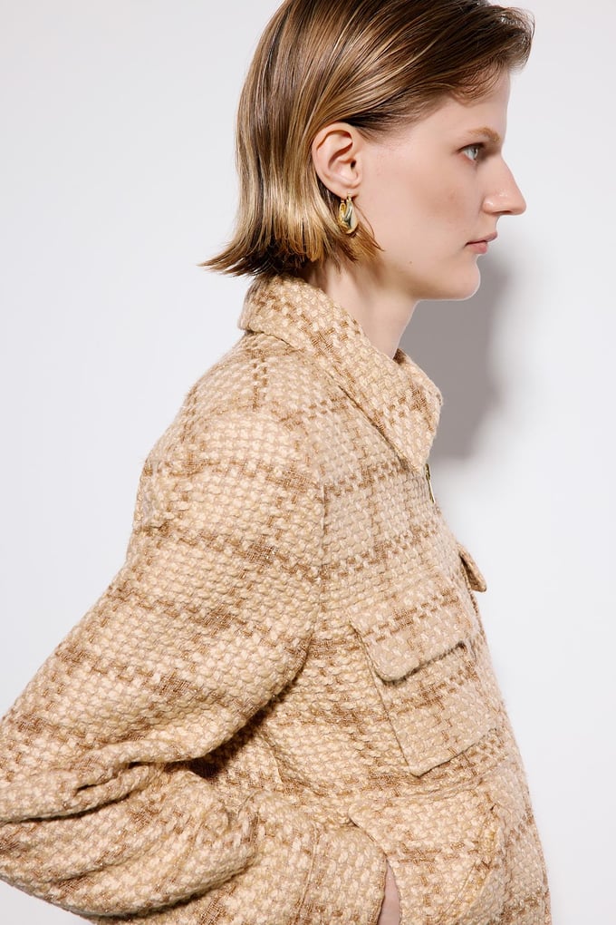 Camel Tweed Blazer With Snap Pockets