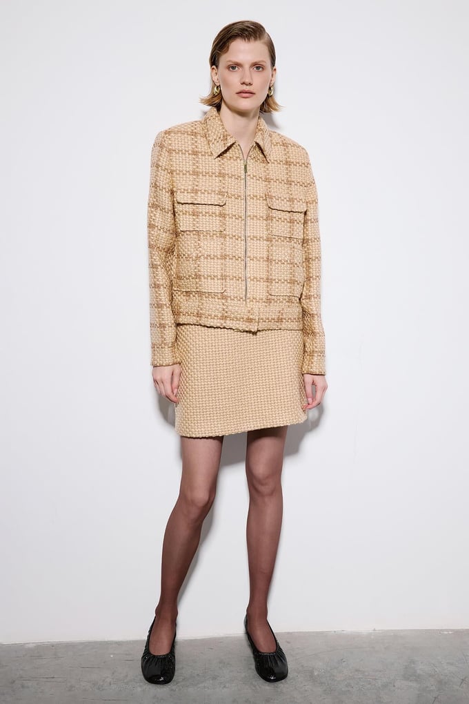Camel Tweed Blazer With Snap Pockets
