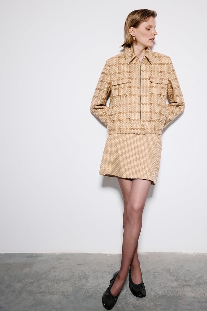 Camel Tweed Blazer With Snap Pockets