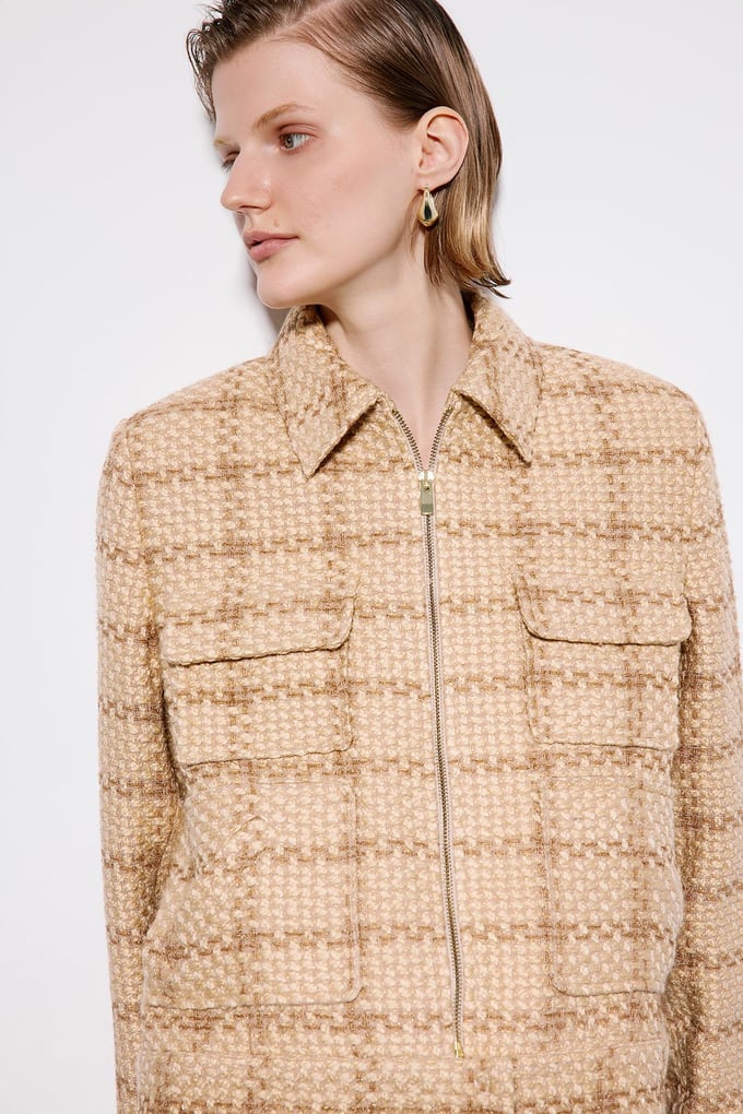 Camel Tweed Blazer With Snap Pockets
