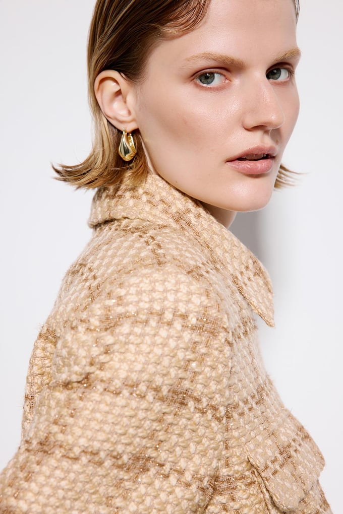 Camel Tweed Blazer With Snap Pockets