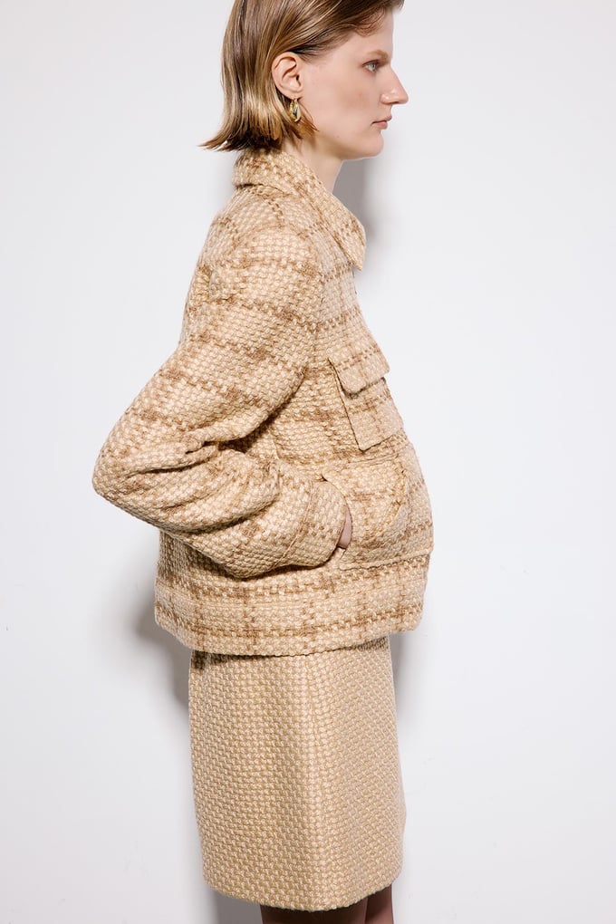 Camel Tweed Blazer With Snap Pockets