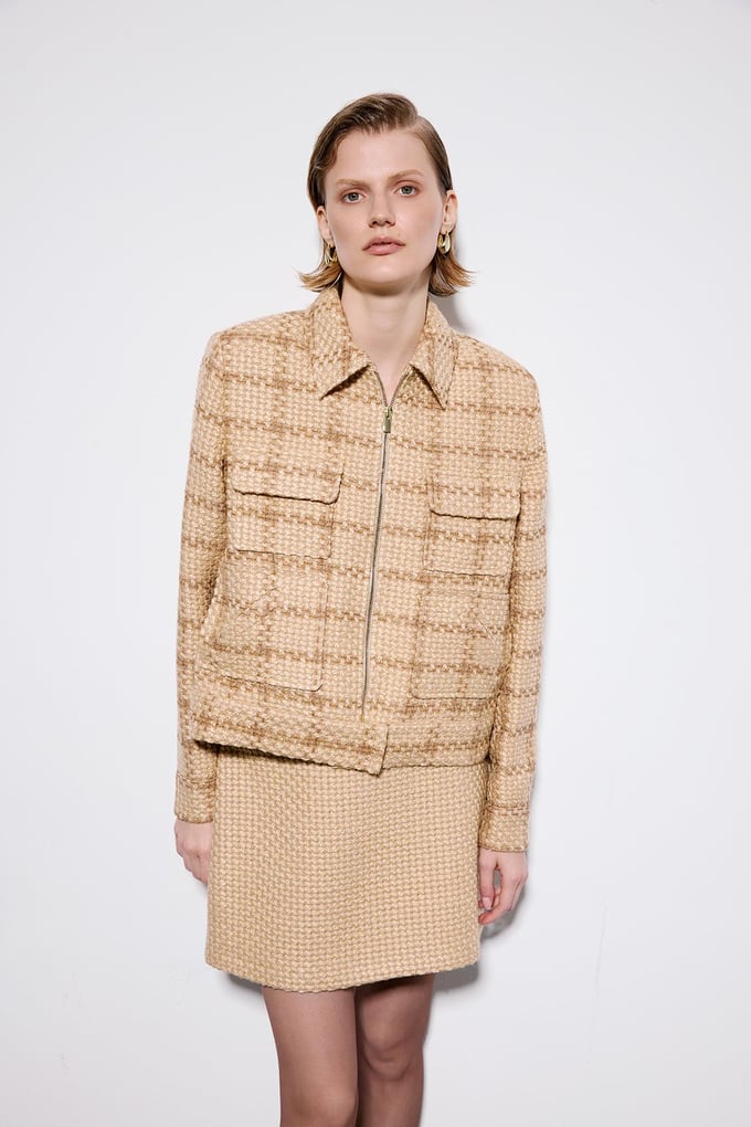 Camel Tweed Blazer With Snap Pockets