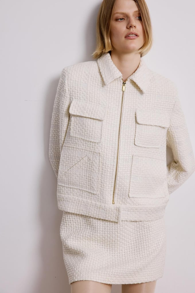 Ecru Tweed Blazer With Snap Pockets