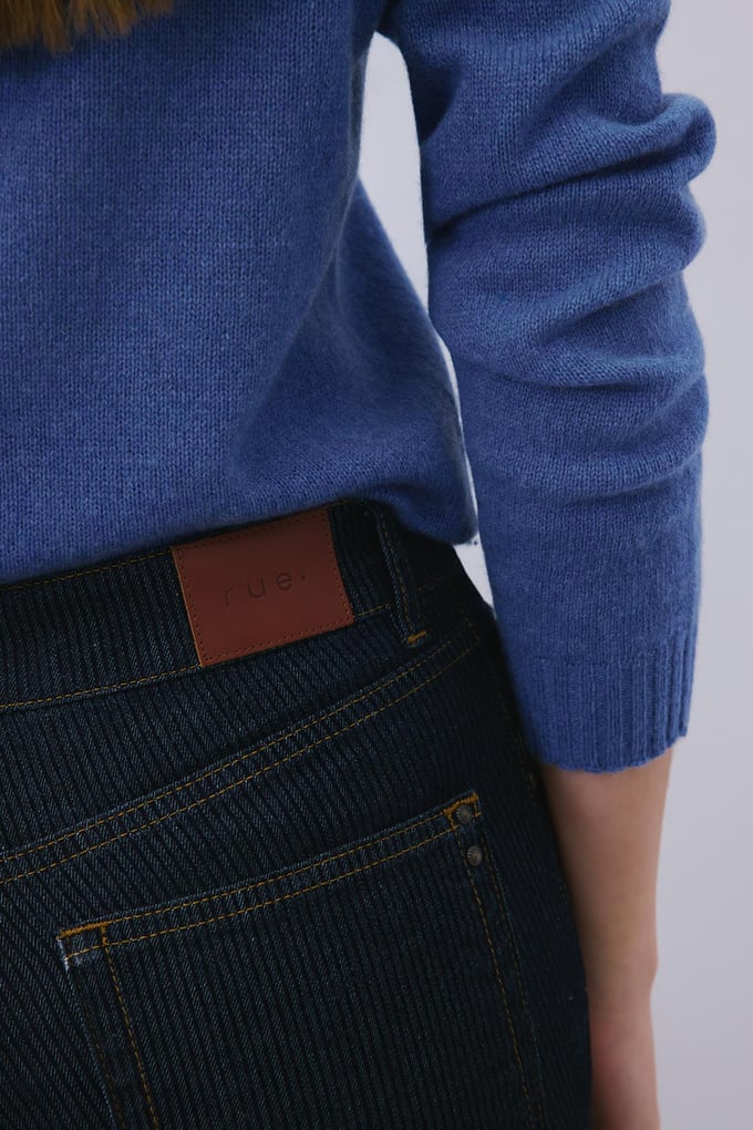 Çizgili Denim Yüksek Bel Lacivert Pantolon