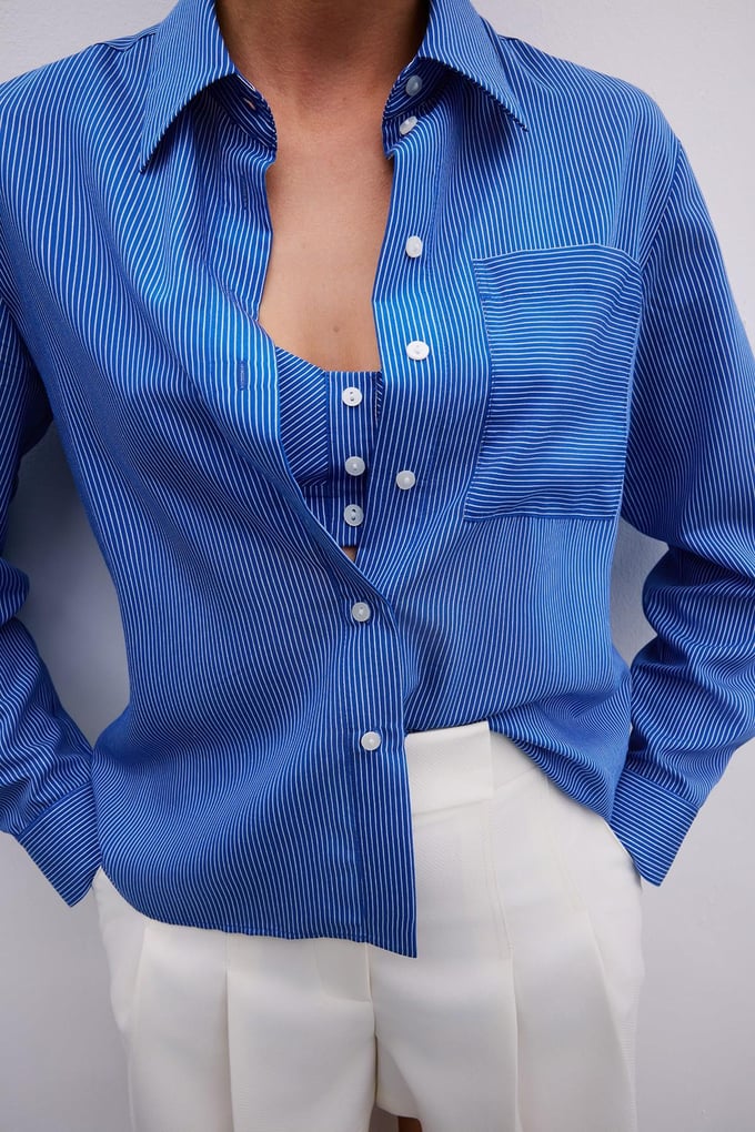 Striped Button Detailed Navy Shirt Set