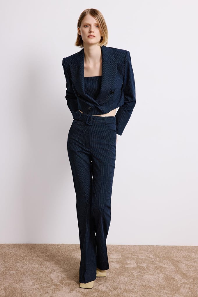 Striped Flared Navy Trousers