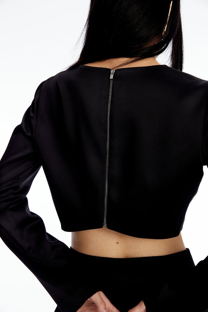 Crop Siyah Saten Bluz