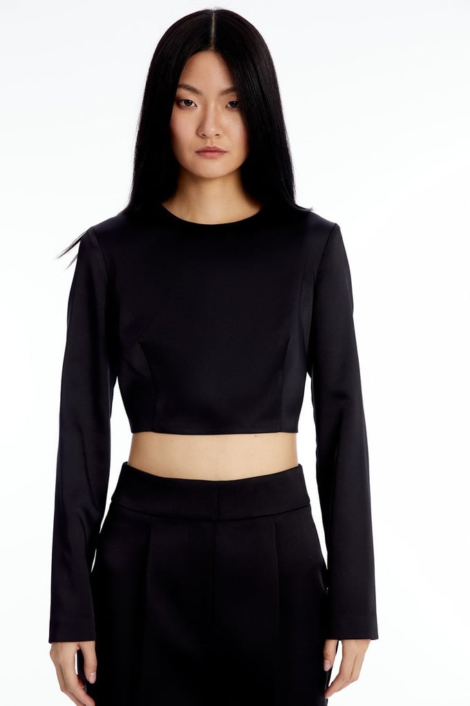 Crop Siyah Saten Bluz