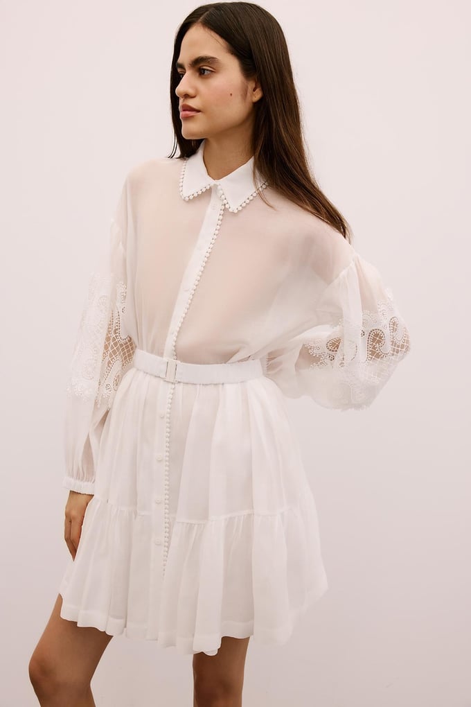 Lace Detailed Mini White Shirt Dress