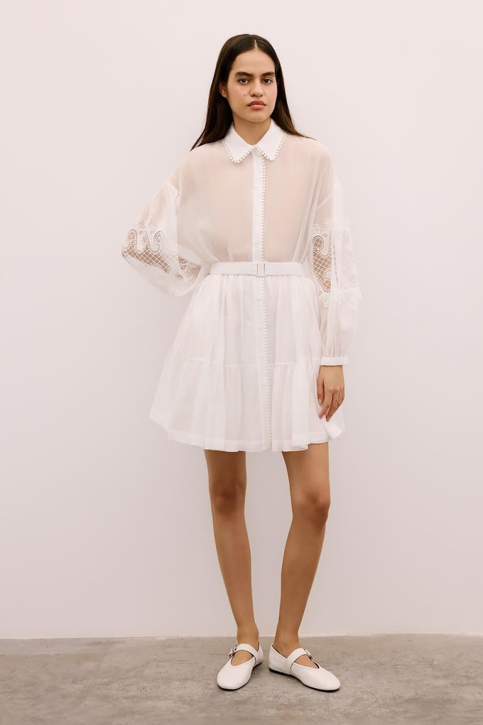 Lace Detailed Mini White Shirt Dress