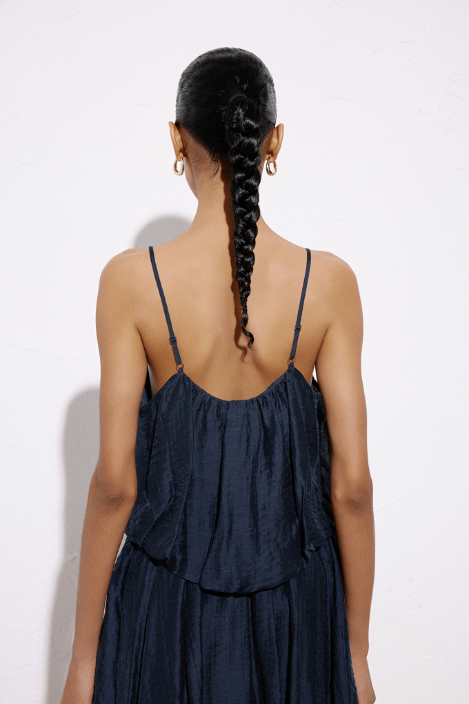 Degaje Yaka İnce Askılı Crop Lacivert Bluz
